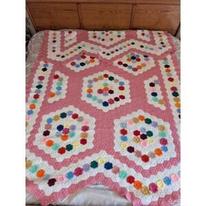 Vtg Granny Chain Daisy Afghan 96"X60" Knit Crochet Throw Colorful CottageCore